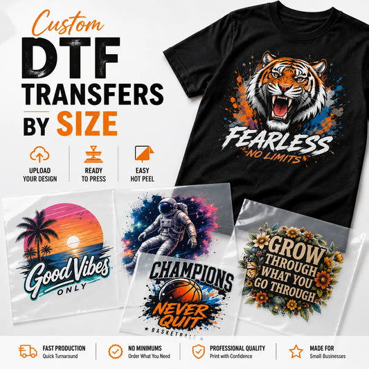 Custom DTF transfers by size with ready-to-press hot peel transfer sheets and printed T-shirt example.