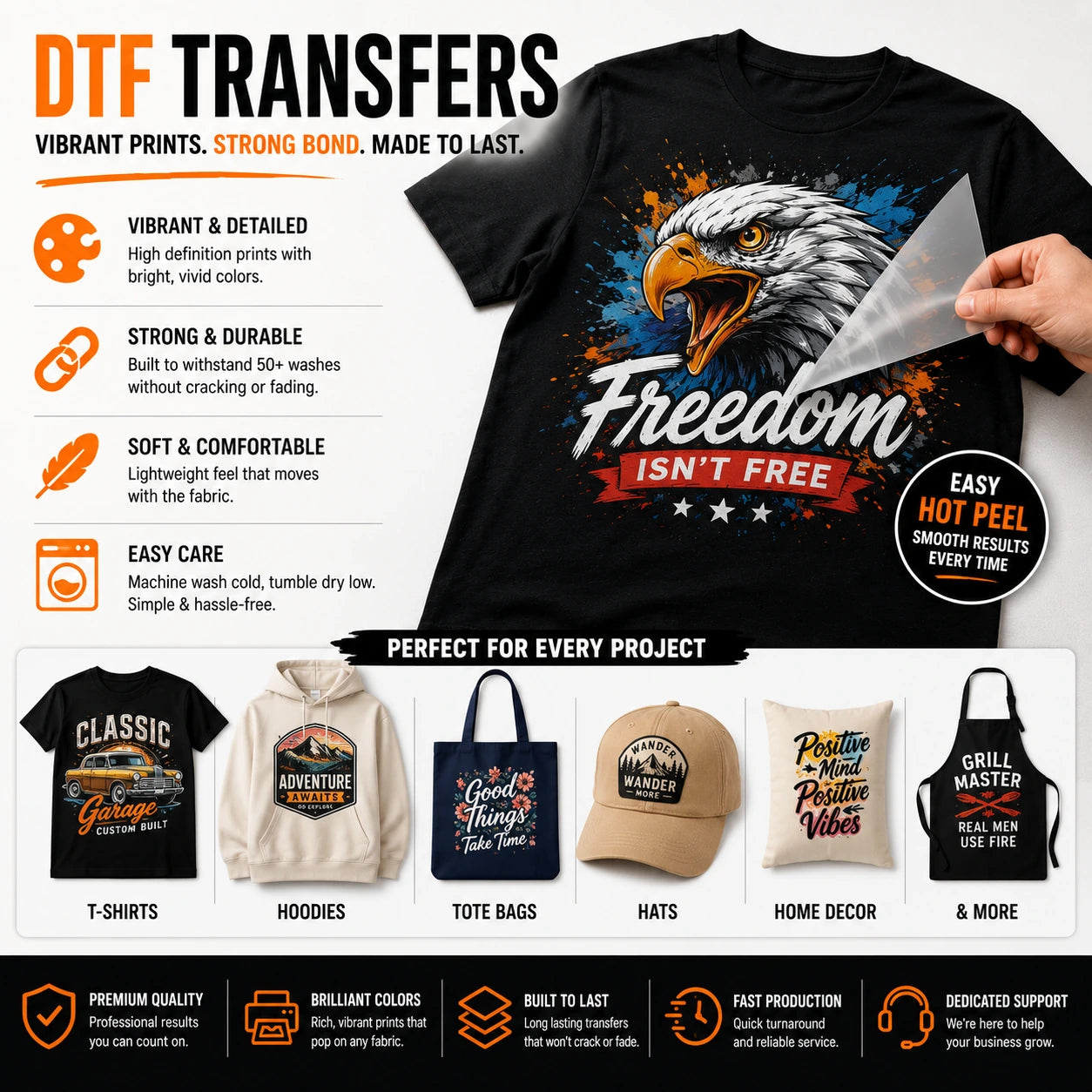 DTF transfers with vibrant detailed prints, strong durable bond, soft comfortable feel, easy care, and hot peel application.
