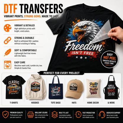 DTF transfers with vibrant detailed prints, strong durable bond, soft comfortable feel, easy care, and hot peel application.