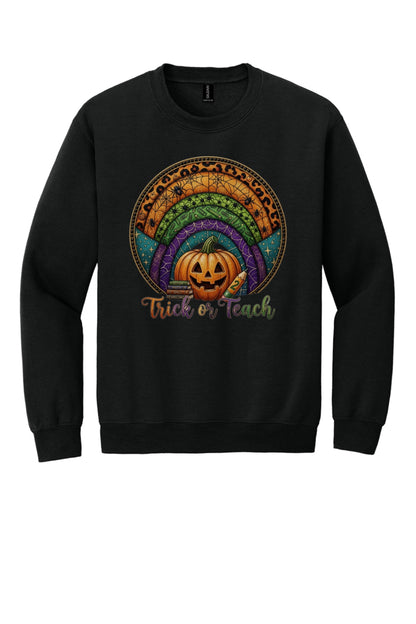 Trick or Teach Halloween teacher crewneck sweatshirt with jack-o-lantern stained glass rainbow DTF print in Black