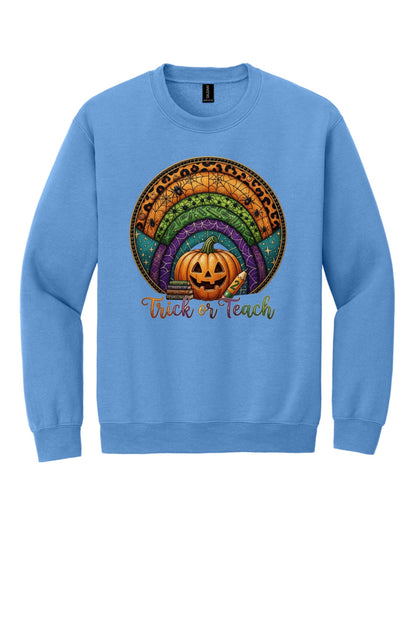 Trick or Teach Halloween teacher crewneck sweatshirt with jack-o-lantern stained glass rainbow DTF print in Carolina Blue