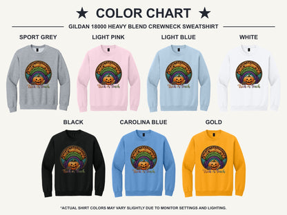 Trick or Teach Halloween teacher crewneck sweatshirt with jack-o-lantern stained glass rainbow DTF print - available shirt colors chart