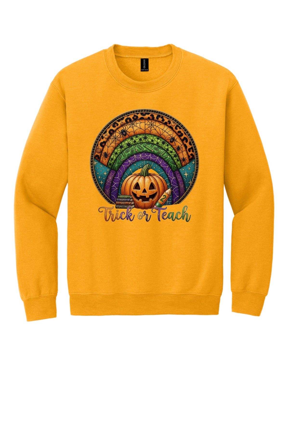 Trick or Teach Halloween teacher crewneck sweatshirt with jack-o-lantern stained glass rainbow DTF print in Gold