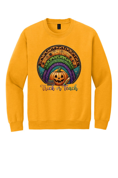 Trick or Teach Halloween teacher crewneck sweatshirt with jack-o-lantern stained glass rainbow DTF print in Gold