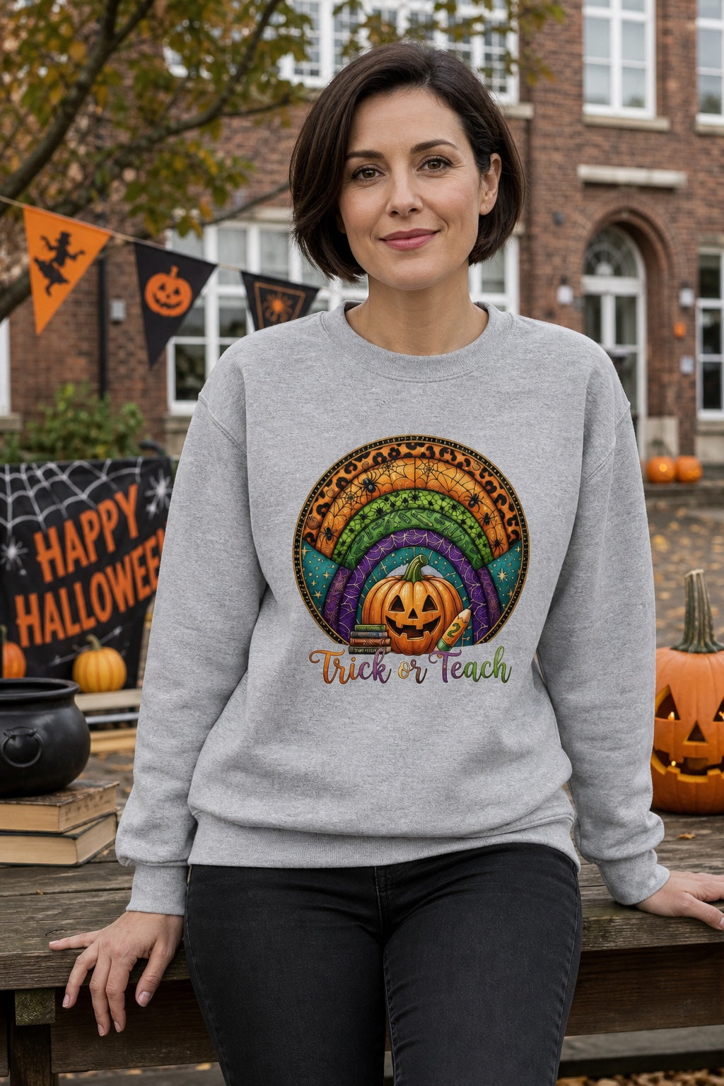 Trick or Teach Halloween teacher crewneck sweatshirt with jack-o-lantern stained glass rainbow DTF print worn by a model