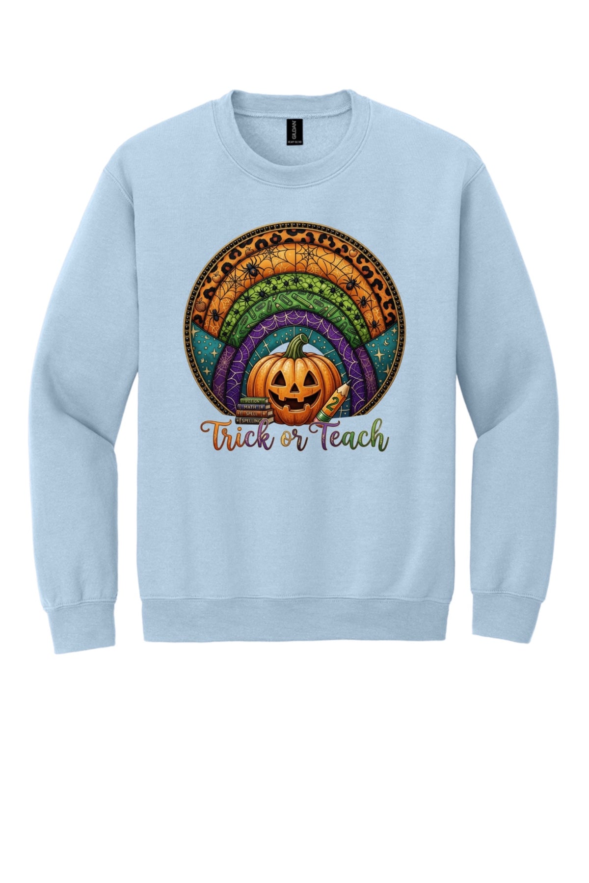 Trick or Teach Halloween teacher crewneck sweatshirt with jack-o-lantern stained glass rainbow DTF print in Light Blue
