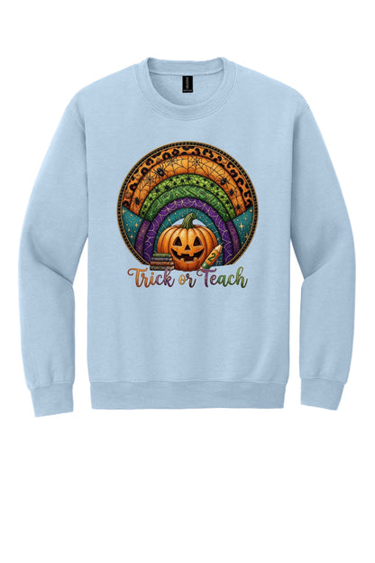 Trick or Teach Halloween teacher crewneck sweatshirt with jack-o-lantern stained glass rainbow DTF print in Light Blue