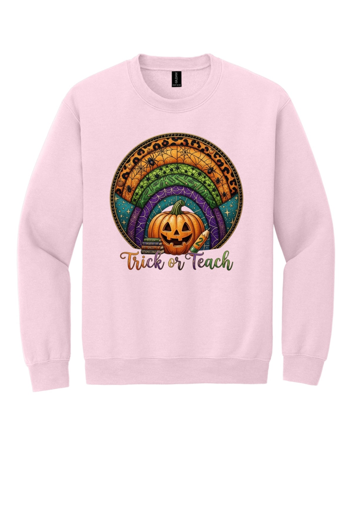 Trick or Teach Halloween teacher crewneck sweatshirt with jack-o-lantern stained glass rainbow DTF print in Light Pink