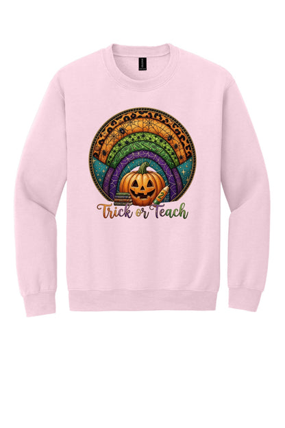 Trick or Teach Halloween teacher crewneck sweatshirt with jack-o-lantern stained glass rainbow DTF print in Light Pink