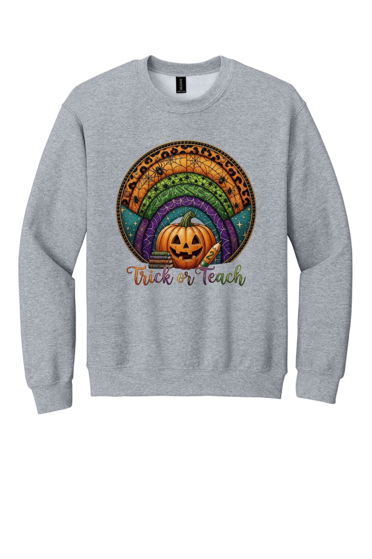 Trick or Teach Halloween teacher crewneck sweatshirt with jack-o-lantern stained glass rainbow DTF print in Sport Grey