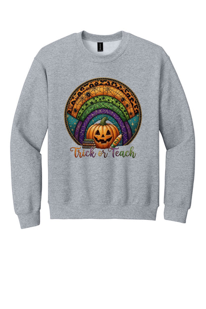 Trick or Teach Halloween teacher crewneck sweatshirt with jack-o-lantern stained glass rainbow DTF print in Sport Grey