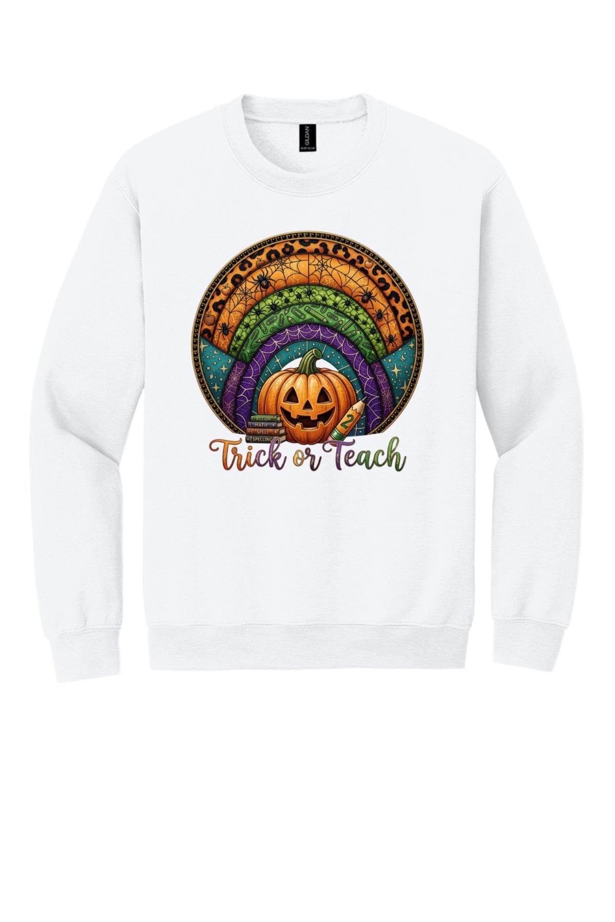 Trick or Teach Halloween teacher crewneck sweatshirt with jack-o-lantern stained glass rainbow DTF print in White