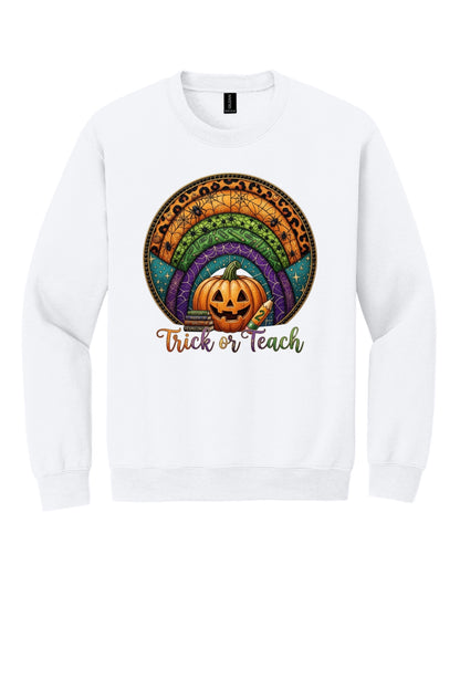 Trick or Teach Halloween teacher crewneck sweatshirt with jack-o-lantern stained glass rainbow DTF print in White