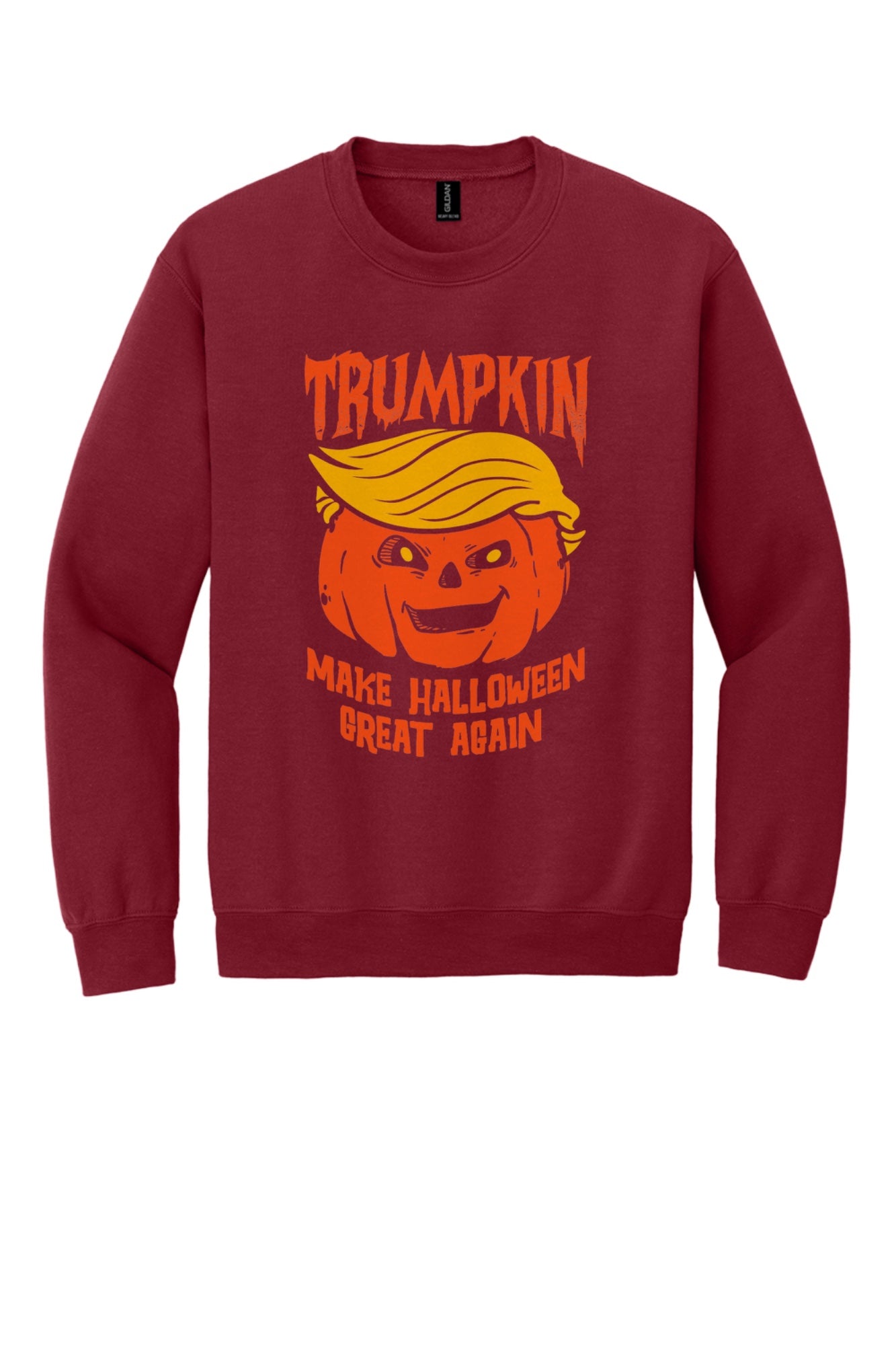 Trumpkin Make Halloween Great Again jack-o-lantern crewneck sweatshirt DTF printed in orange in Cardinal Red