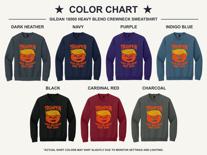 Trumpkin Make Halloween Great Again jack-o-lantern crewneck sweatshirt DTF printed in orange - available shirt colors chart