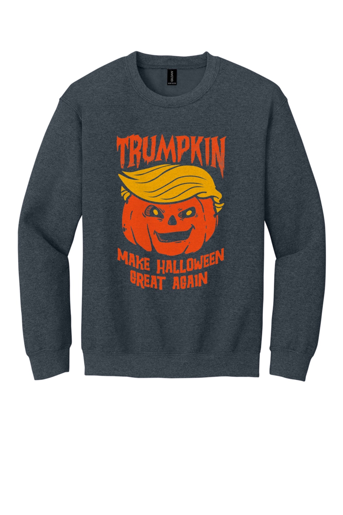 Trumpkin Make Halloween Great Again jack-o-lantern crewneck sweatshirt DTF printed in orange in Dark Heather