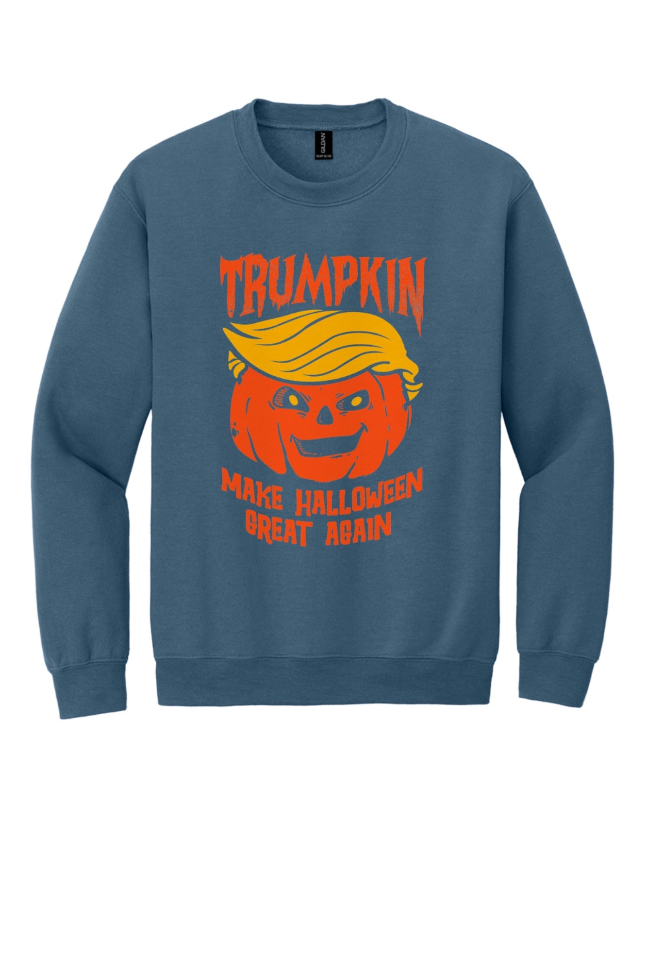 Trumpkin Make Halloween Great Again jack-o-lantern crewneck sweatshirt DTF printed in orange in Indigo Blue