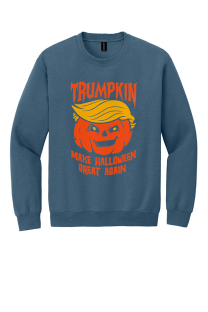 Trumpkin Make Halloween Great Again jack-o-lantern crewneck sweatshirt DTF printed in orange in Indigo Blue