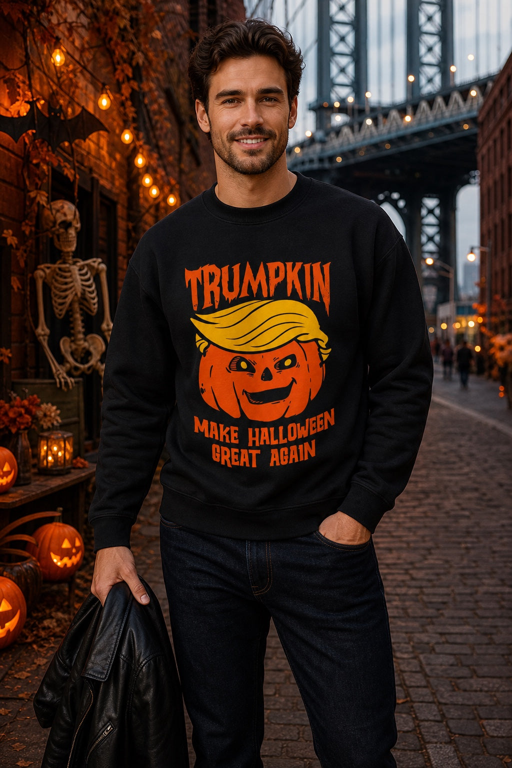Trumpkin Make Halloween Great Again jack-o-lantern crewneck sweatshirt DTF printed in orange worn by a model