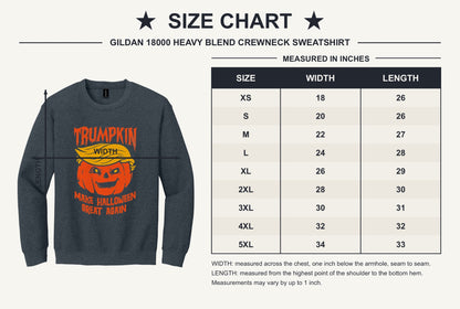 Trumpkin Make Halloween Great Again jack-o-lantern crewneck sweatshirt DTF printed in orange - size chart