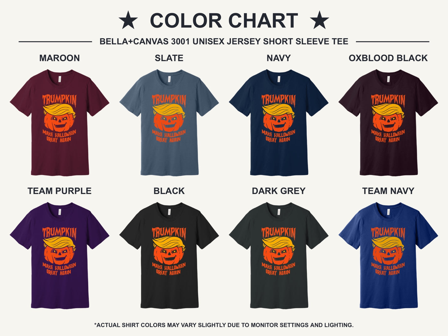 Trumpkin Make Halloween Great Again printed jack-o-lantern unisex tee in white - available shirt colors chart