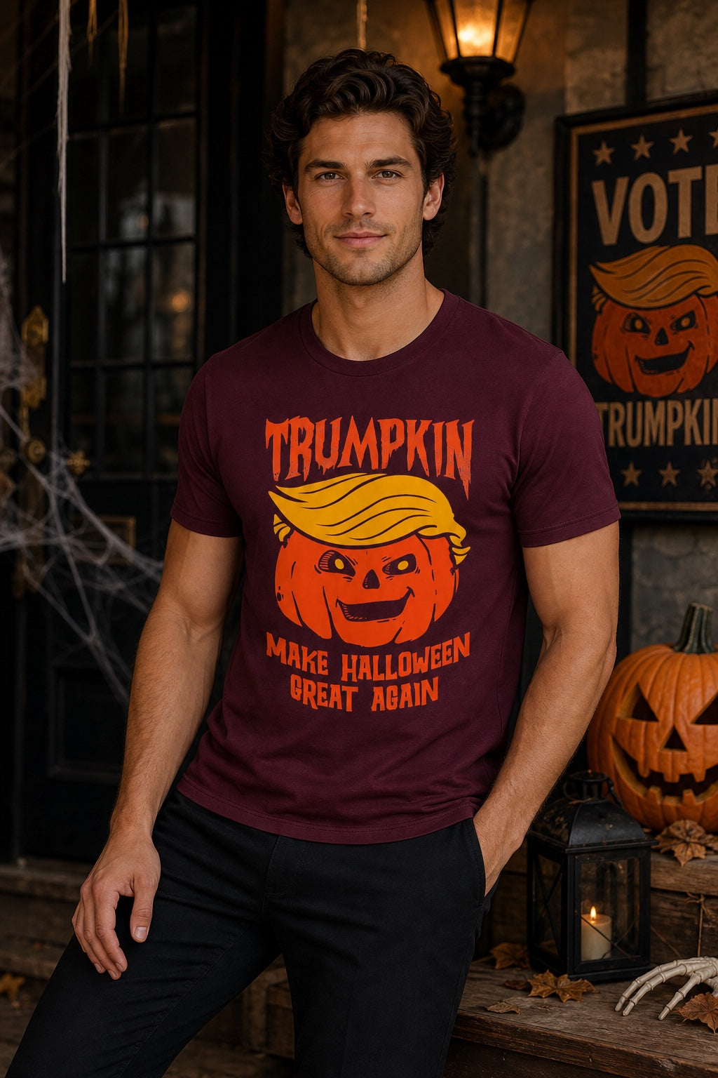 Trumpkin Make Halloween Great Again printed jack-o-lantern unisex tee in white worn by a model