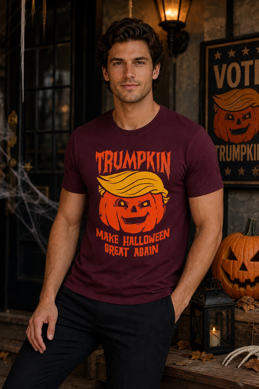 Trumpkin Make Halloween Great Again printed jack-o-lantern unisex tee in white worn by a model