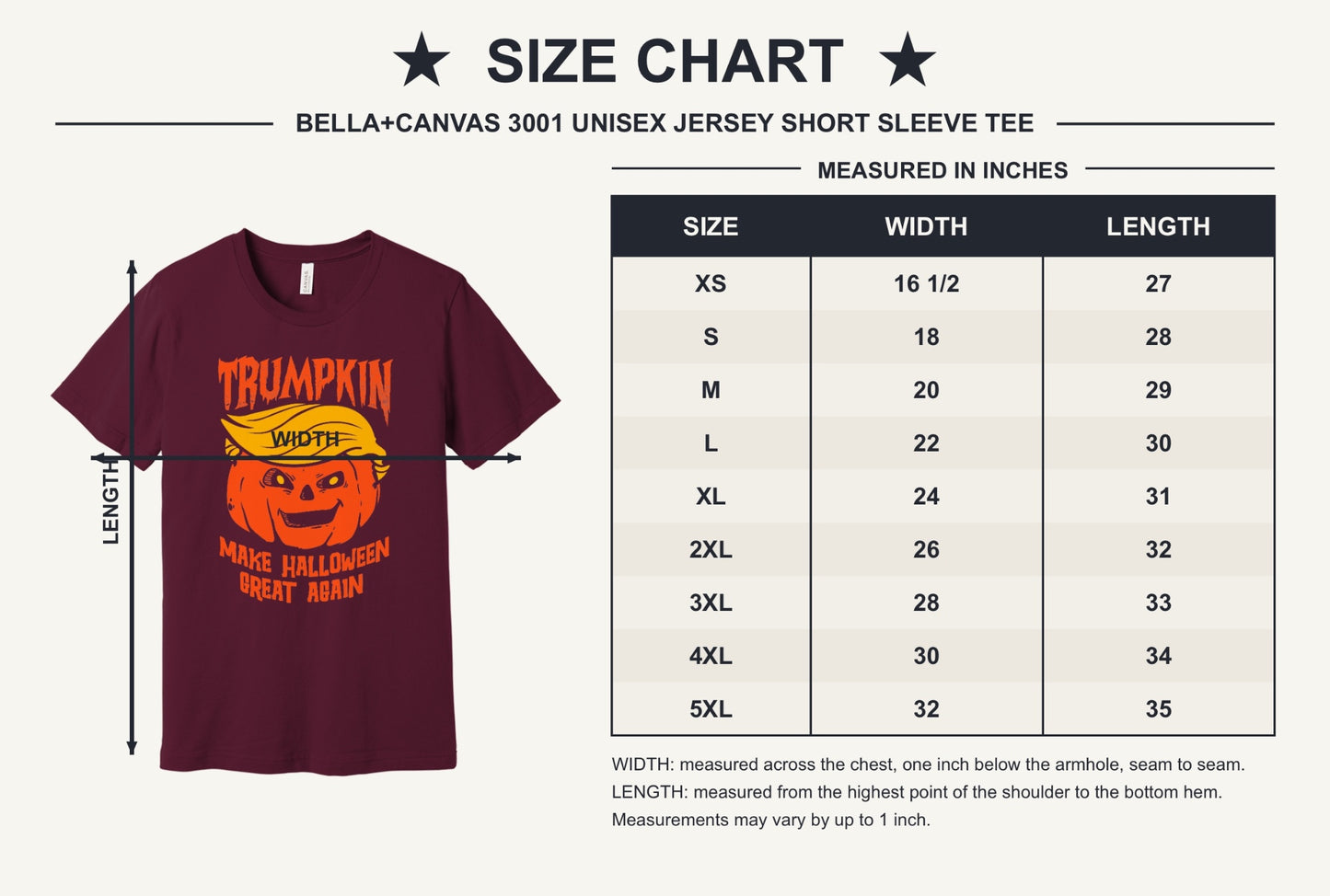 Trumpkin Make Halloween Great Again printed jack-o-lantern unisex tee in white - size chart