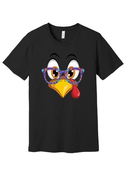 Funny turkey face with Halloween glasses Thanksgiving unisex tee printed with cartoon gobbler design in Black