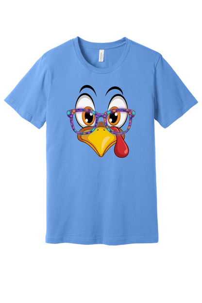 Funny turkey face with Halloween glasses Thanksgiving unisex tee printed with cartoon gobbler design in Carolina Blue