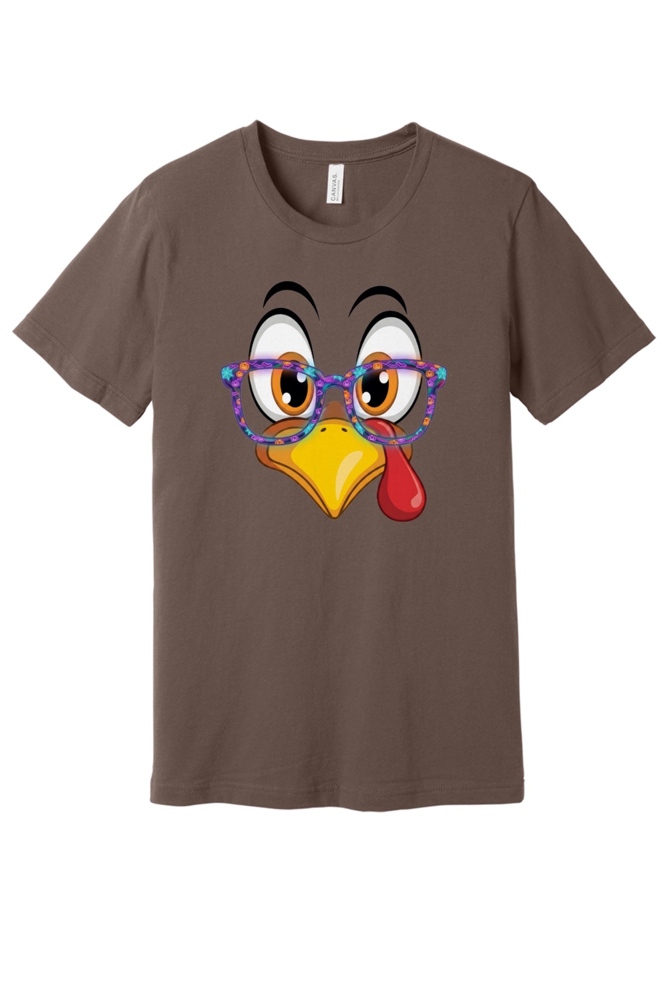 Funny turkey face with Halloween glasses Thanksgiving unisex tee printed with cartoon gobbler design in Cocoa