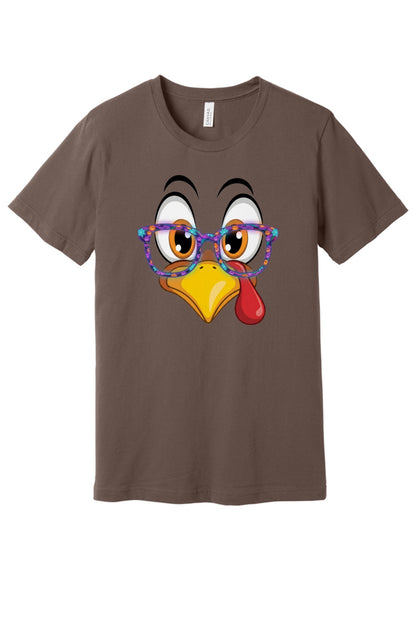 Funny turkey face with Halloween glasses Thanksgiving unisex tee printed with cartoon gobbler design in Cocoa