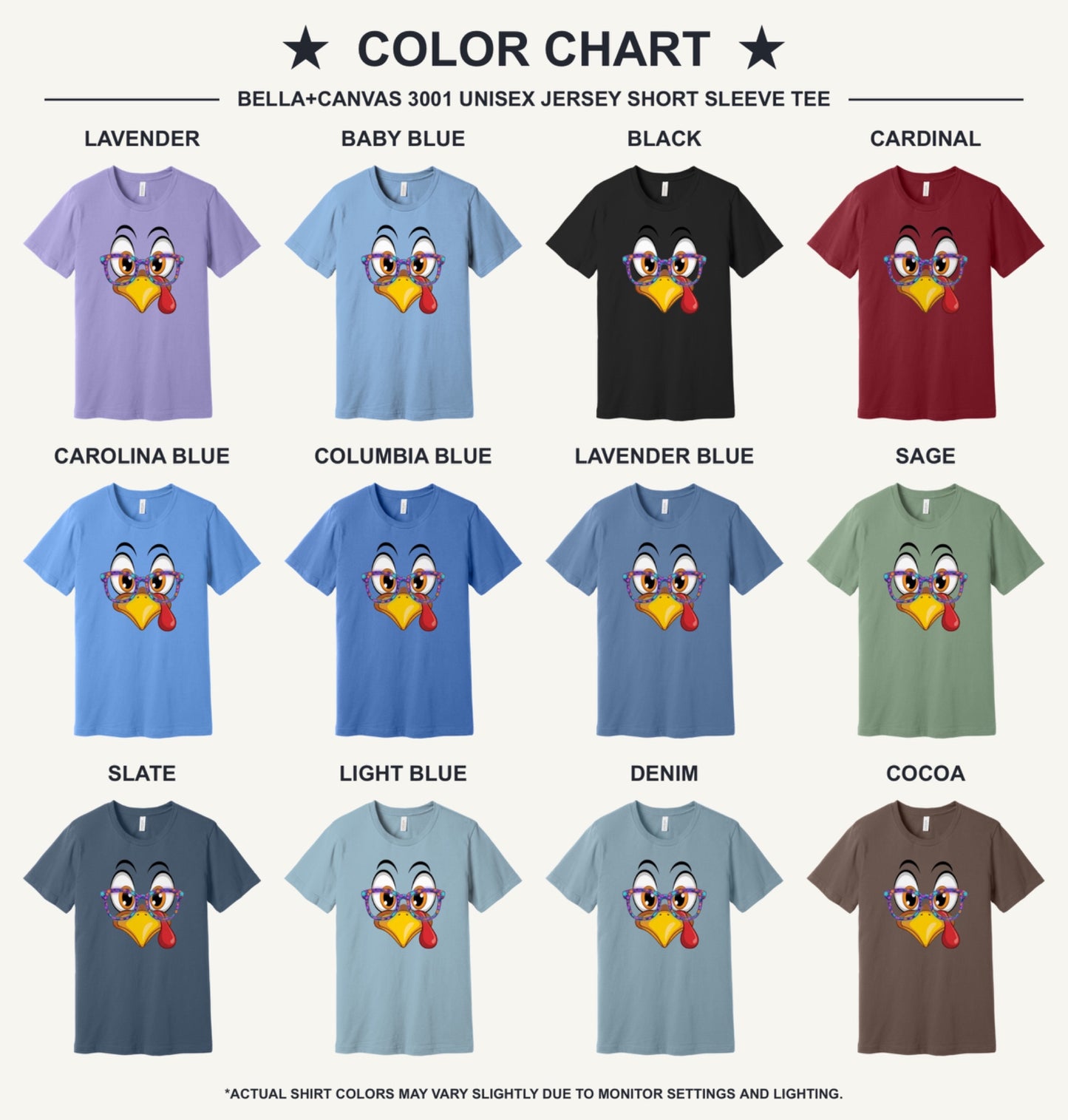 Funny turkey face with Halloween glasses Thanksgiving unisex tee printed with cartoon gobbler design - available shirt colors chart