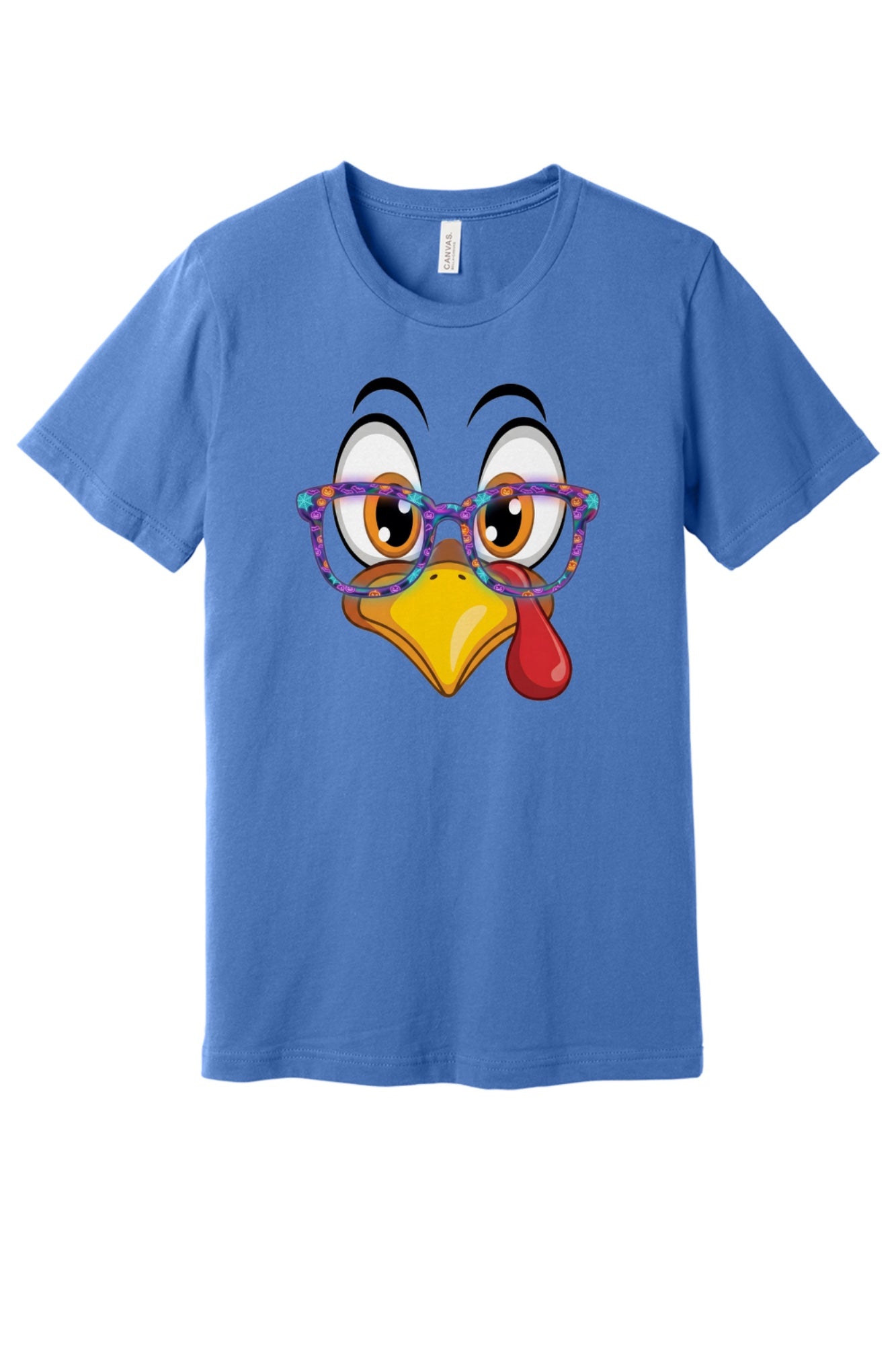 Funny turkey face with Halloween glasses Thanksgiving unisex tee printed with cartoon gobbler design in Columbia Blue