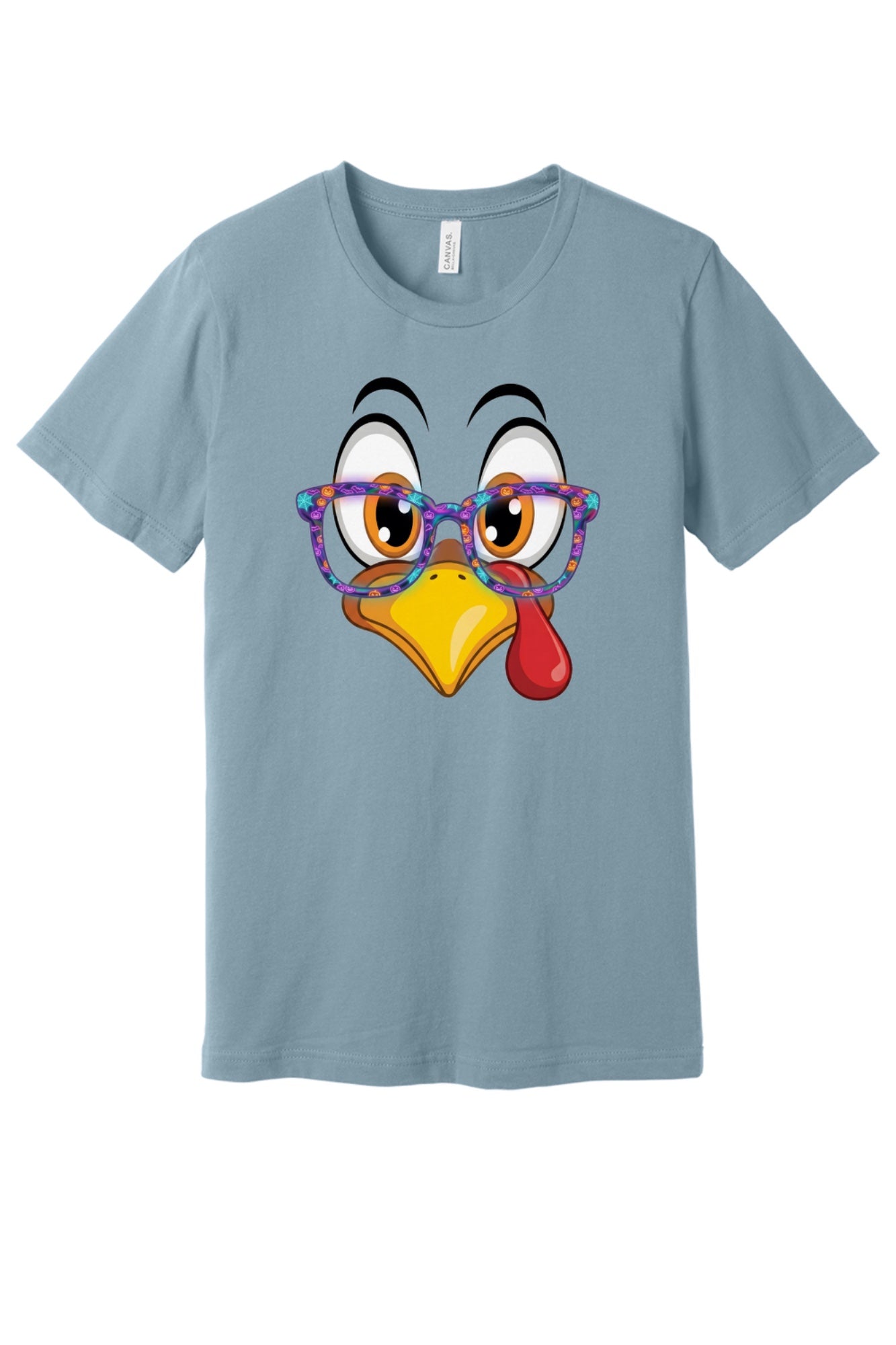 Funny turkey face with Halloween glasses Thanksgiving unisex tee printed with cartoon gobbler design in Denim