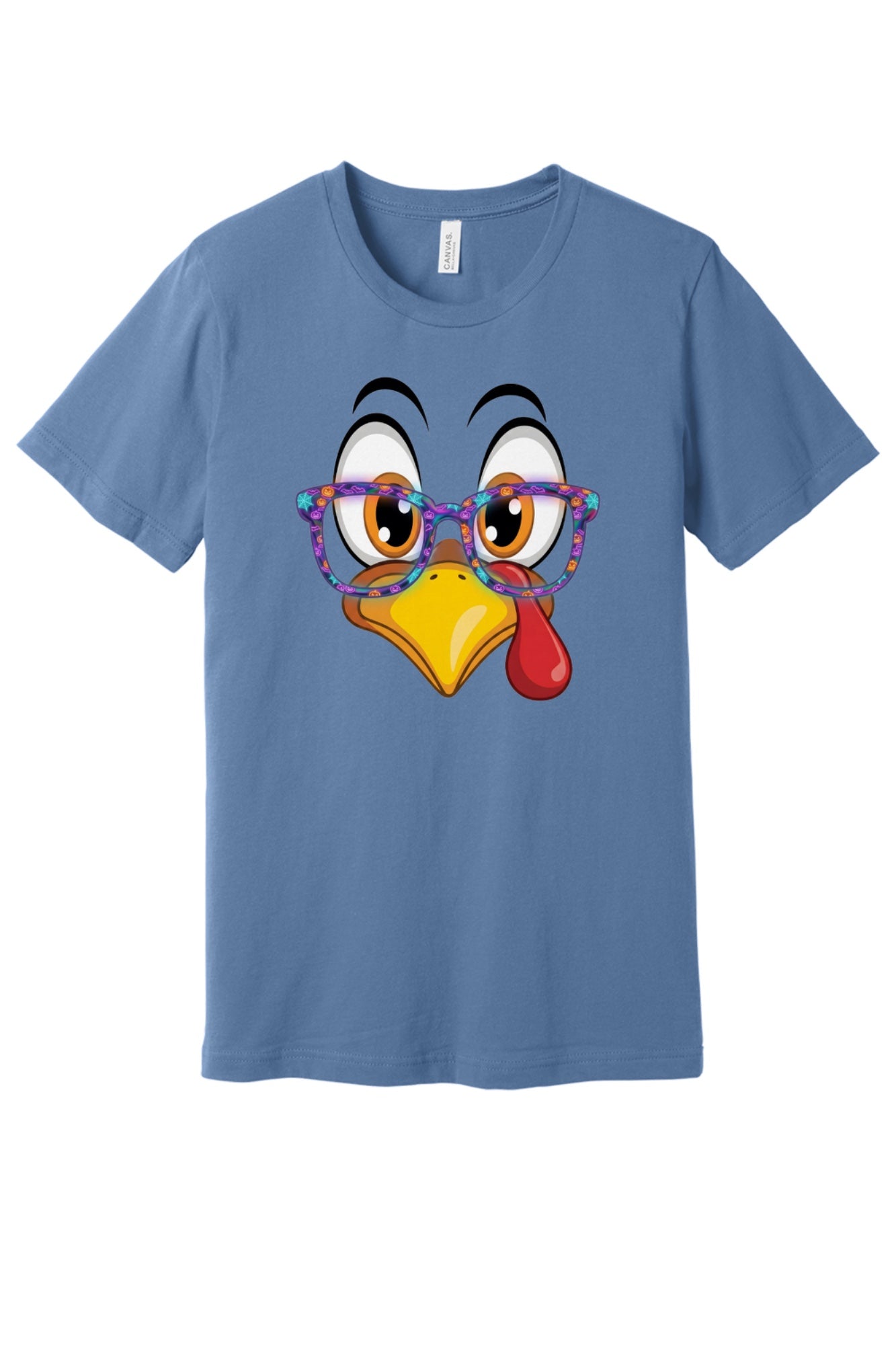 Funny turkey face with Halloween glasses Thanksgiving unisex tee printed with cartoon gobbler design in Lavender Blue