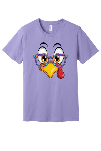 Funny turkey face with Halloween glasses Thanksgiving unisex tee printed with cartoon gobbler design in Lavender
