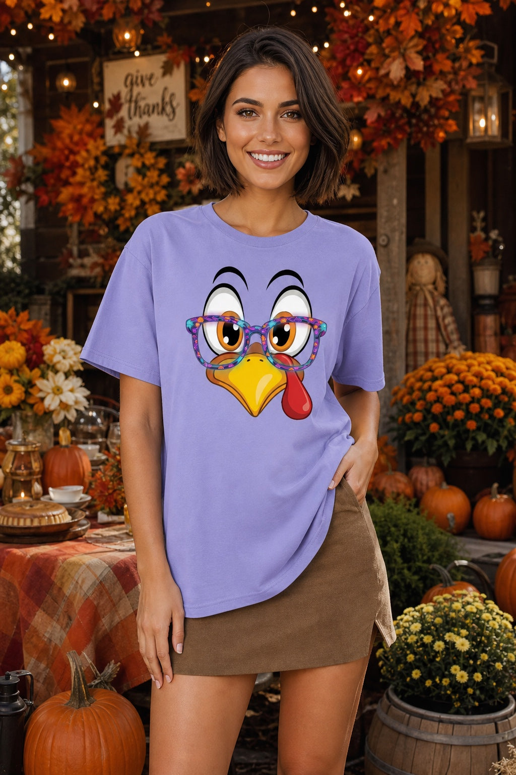 Funny turkey face with Halloween glasses Thanksgiving unisex tee printed with cartoon gobbler design worn by a model
