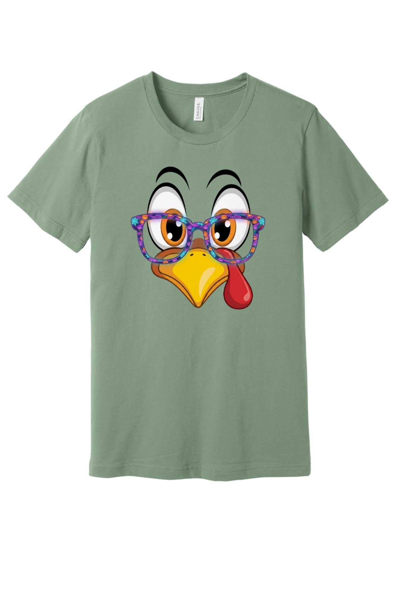 Funny turkey face with Halloween glasses Thanksgiving unisex tee printed with cartoon gobbler design in Sage