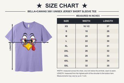 Funny turkey face with Halloween glasses Thanksgiving unisex tee printed with cartoon gobbler design - size chart