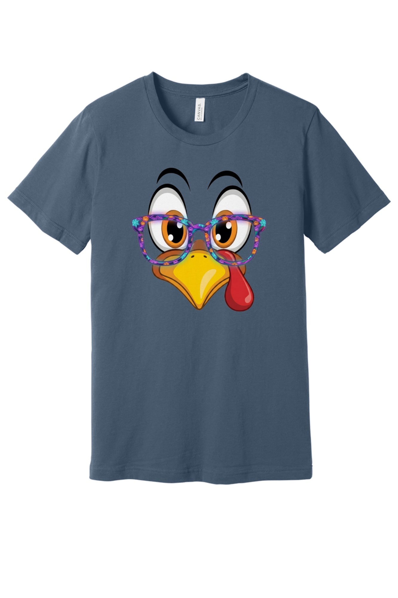 Funny turkey face with Halloween glasses Thanksgiving unisex tee printed with cartoon gobbler design in Slate