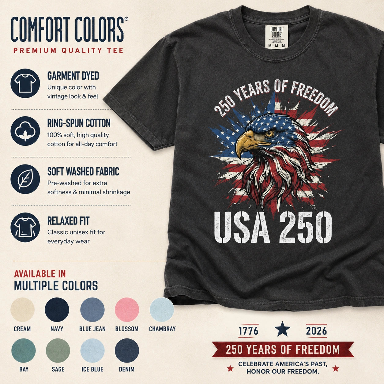 Comfort Colors 1717 USA 250 patriotic t-shirt featuring garment dyed fabric ring spun cotton and relaxed fit details