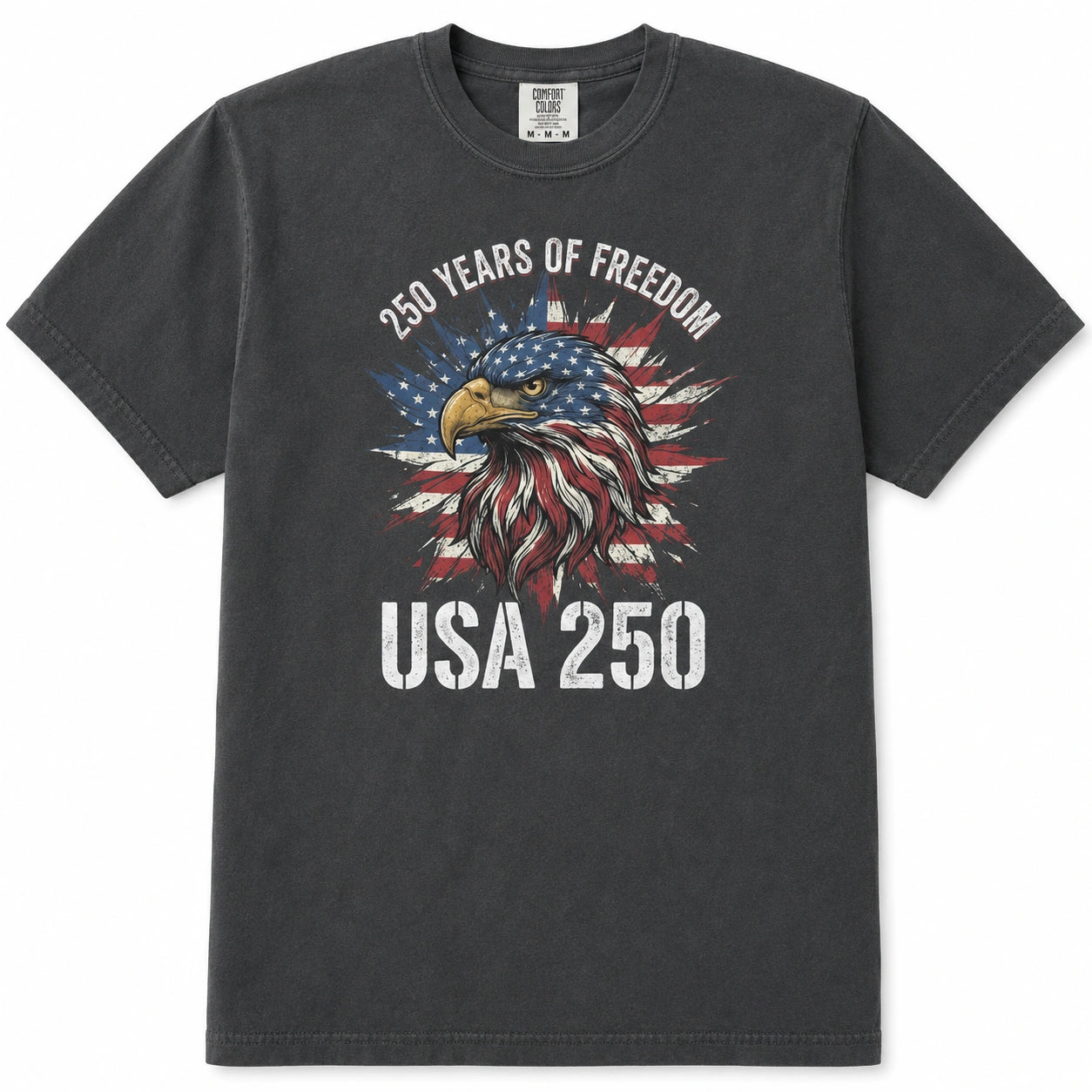 USA 250 Years of Freedom patriotic eagle graphic printed on Comfort Colors 1717 pepper heavyweight t-shirt celebrating America's 250th anniversary