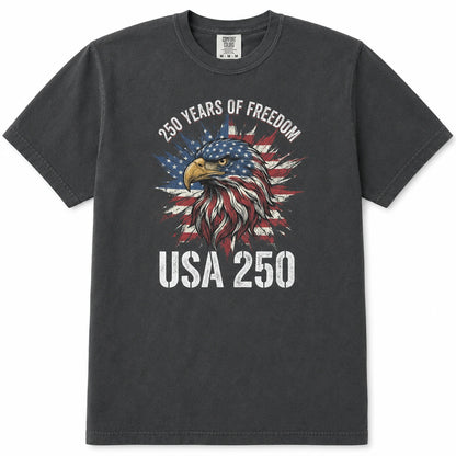 USA 250 Years of Freedom patriotic eagle graphic printed on Comfort Colors 1717 pepper heavyweight t-shirt celebrating America's 250th anniversary