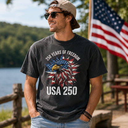Man wearing USA 250 eagle and American flag graphic t-shirt outdoors for Fourth of July and America 250 celebration