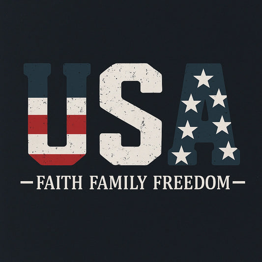 USA Faith Family Freedom Design – Distressed American Flag Text Artwork