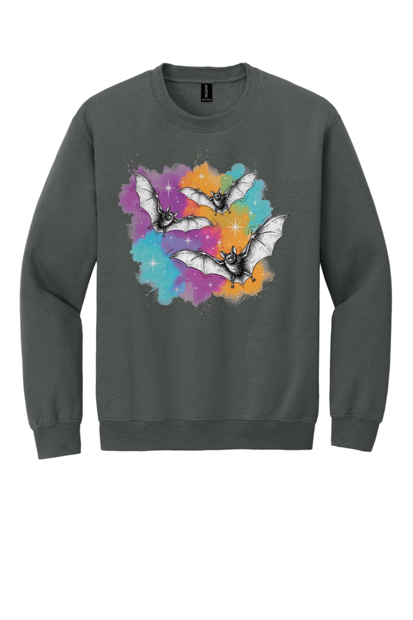 Gildan 18000 crewneck sweatshirt with three sketch-style flying bats over a watercolor purple teal orange sparkle Halloween print in Charcoal