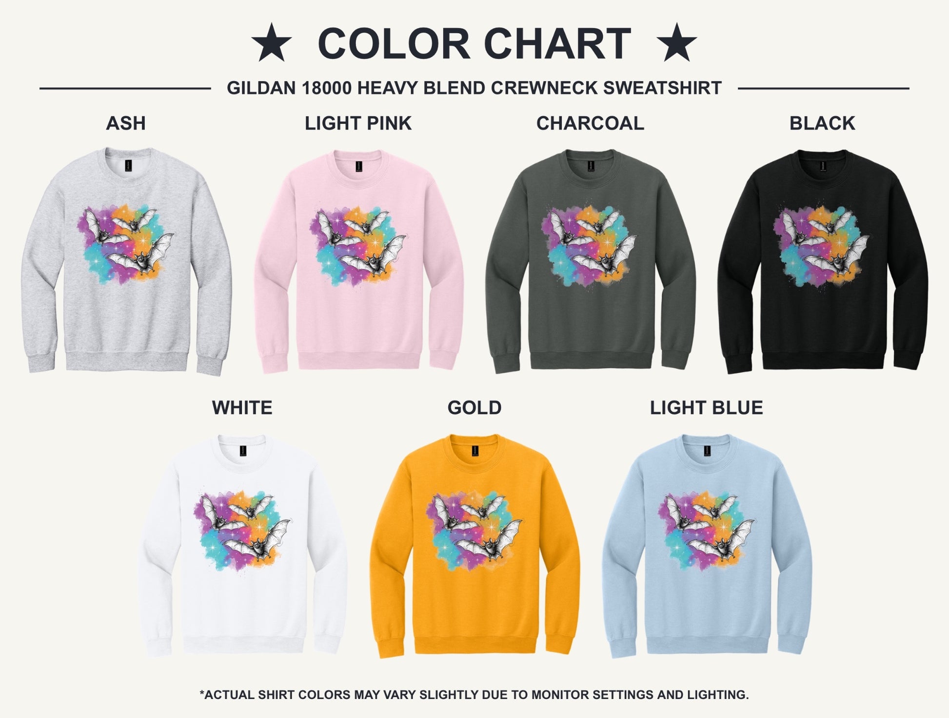 Gildan 18000 crewneck sweatshirt with three sketch-style flying bats over a watercolor purple teal orange sparkle Halloween print - available shirt colors chart