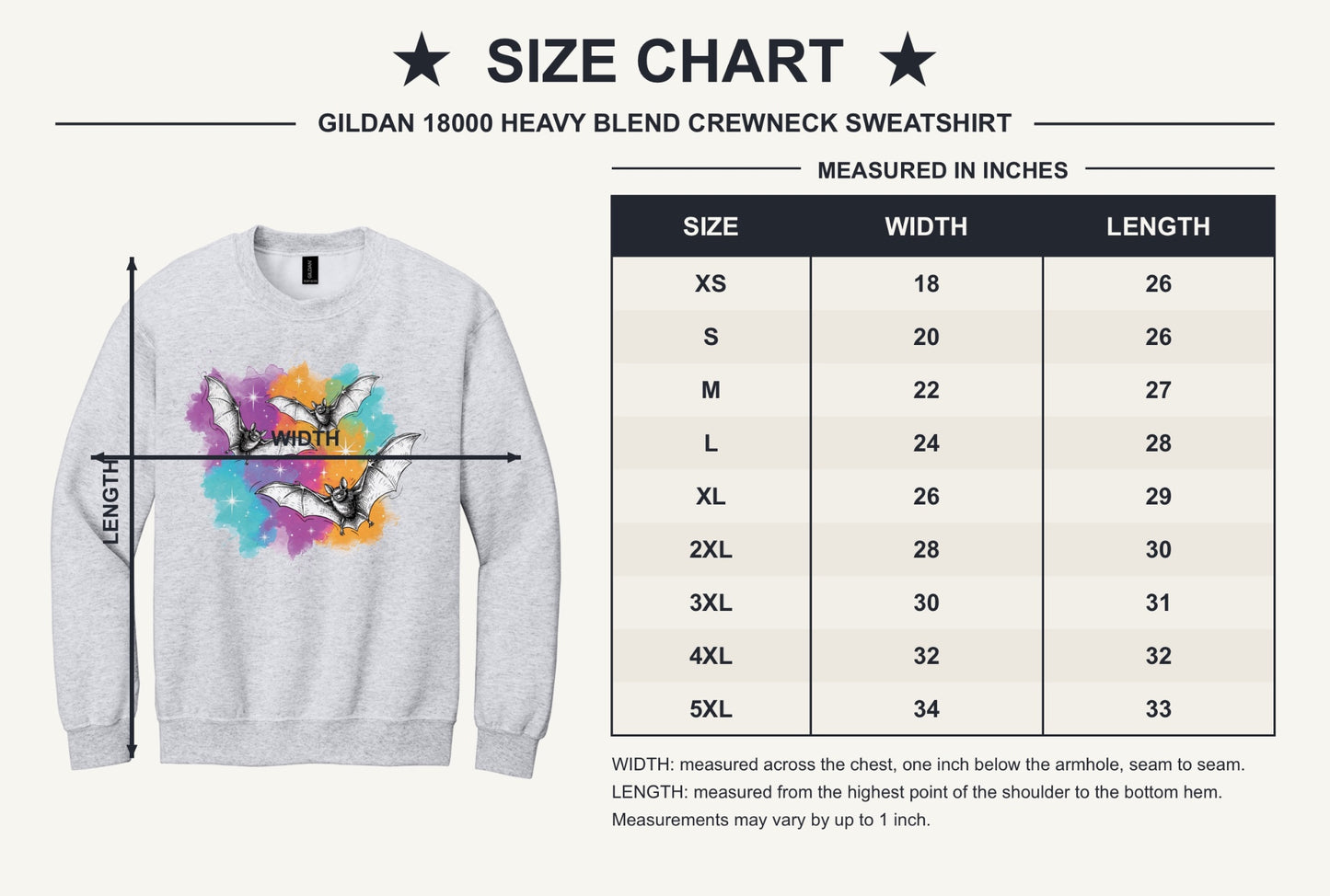 Gildan 18000 crewneck sweatshirt with three sketch-style flying bats over a watercolor purple teal orange sparkle Halloween print - size chart