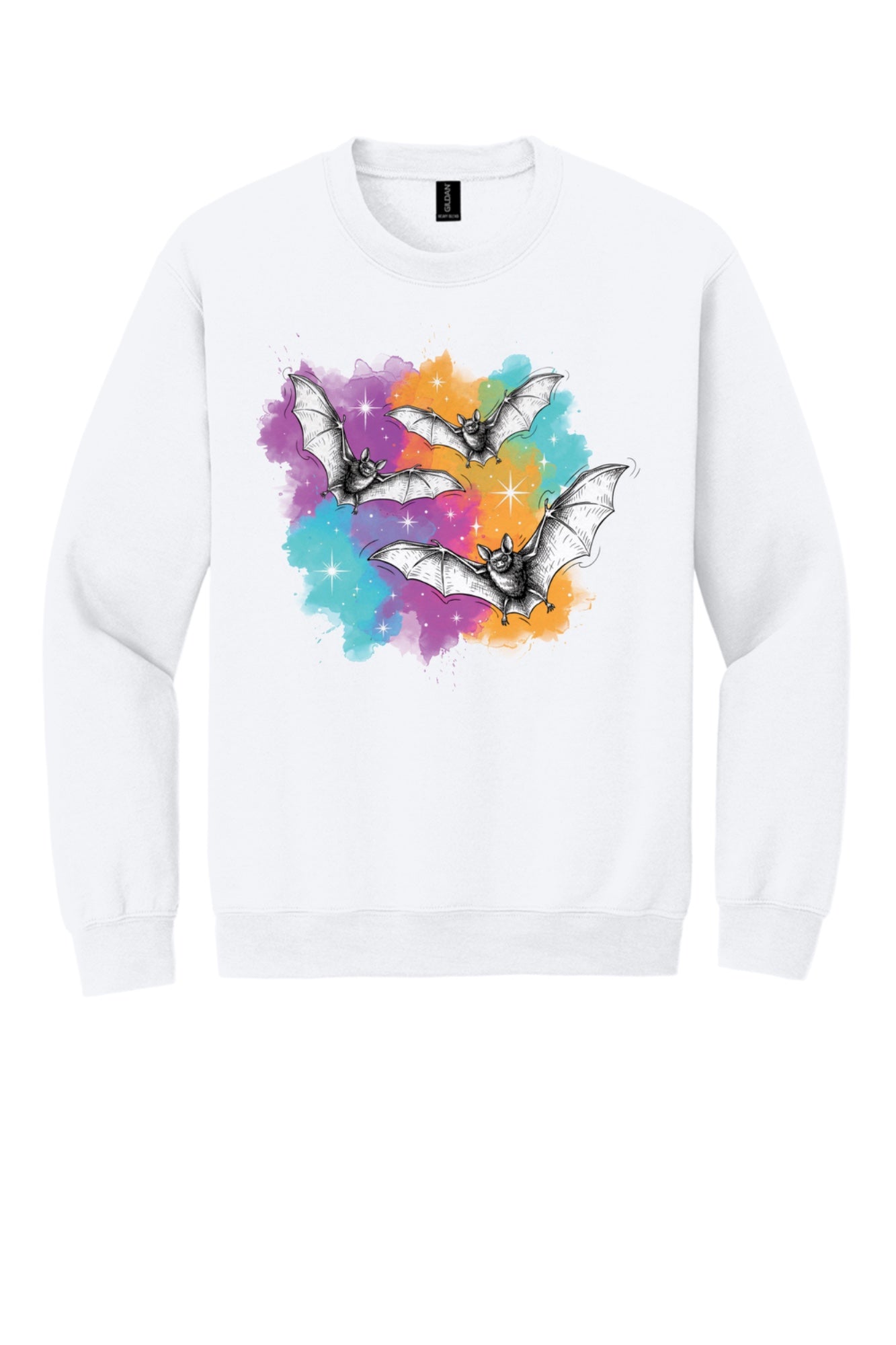 Gildan 18000 crewneck sweatshirt with three sketch-style flying bats over a watercolor purple teal orange sparkle Halloween print in White